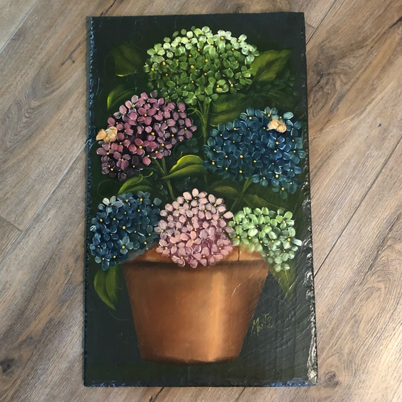 Hand Painted Slate with Hydrangea Blooms in Clay Pot - Artist Signed 12 x 20 - Picture 1 of 9
